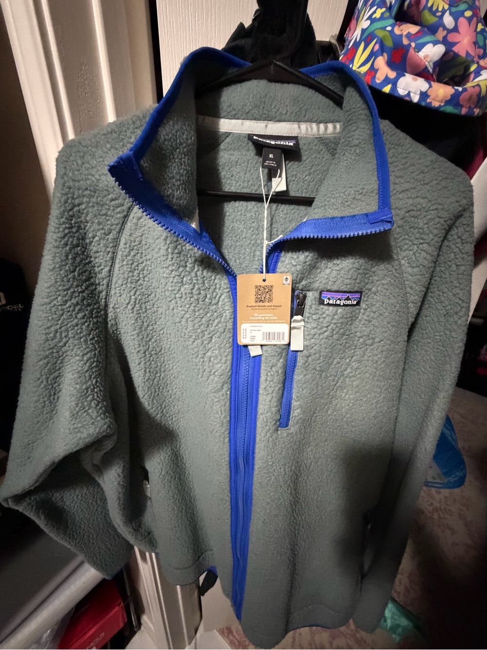 Patagonia Sage Green Fleece Jacket with Royal Blue Trim